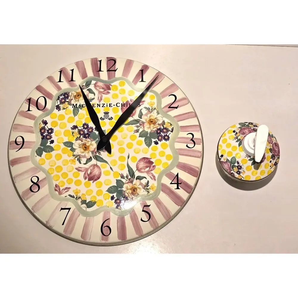 MacKenzie Childs Bathing Hut Butternut Enamel Wall Clock & Soap Dispenser Set